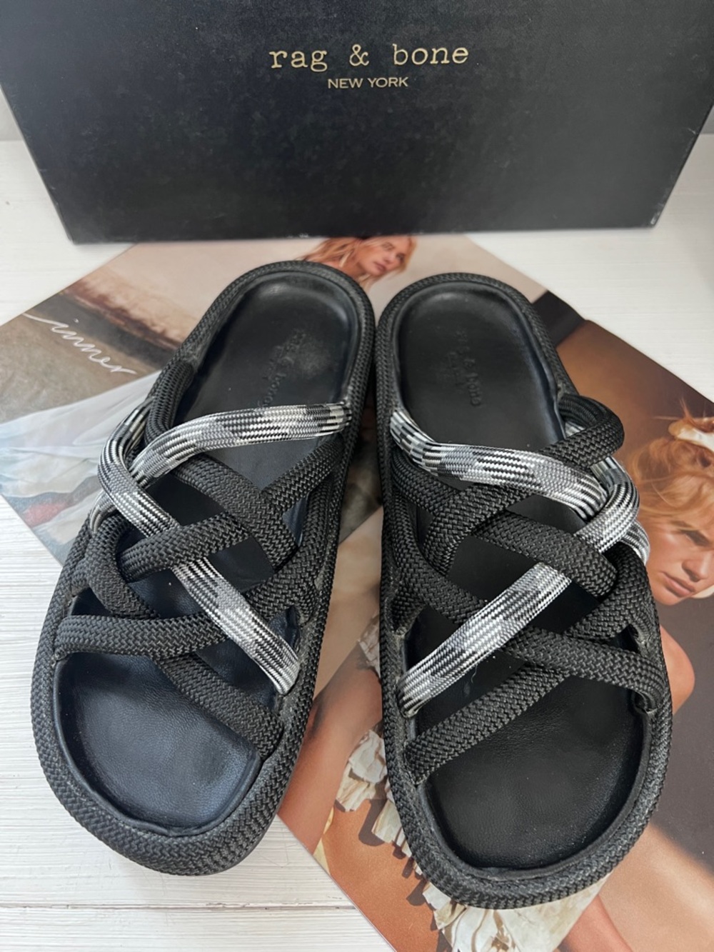 rag & bone Black and Silver Braided Slide Sandals